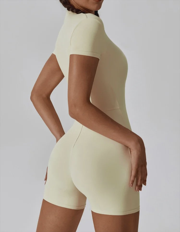 Dames Yoga Jumpsuit met Halve Rits en Opstaande Kraag - Korte Mouwen