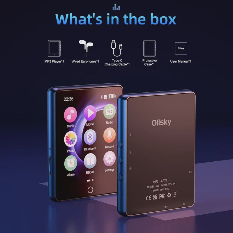 Oilsky D26 MP3/MP4 Speler: 64GB, 2.8" Touchscreen, Bluetooth 5.3, Uitbreidbaar tot 128GB