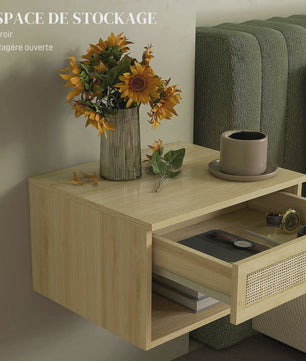 Set van 2 Nachtkastjes Zwevend Hout met Rotan Front en Lade