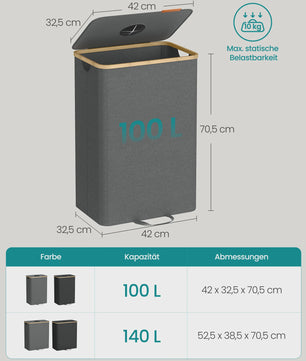 SONGMICS 100L Recycle Container met Deksel en Binnenzak - Grijze Flessenverzamelaar voor de Keuken