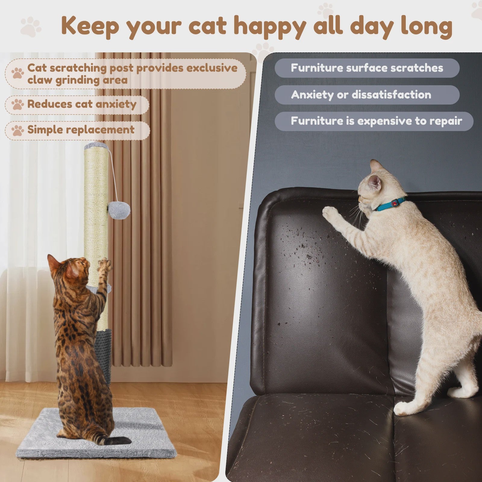 80cm Krabpaal voor Katten met Speelbal en Stabiele Basis