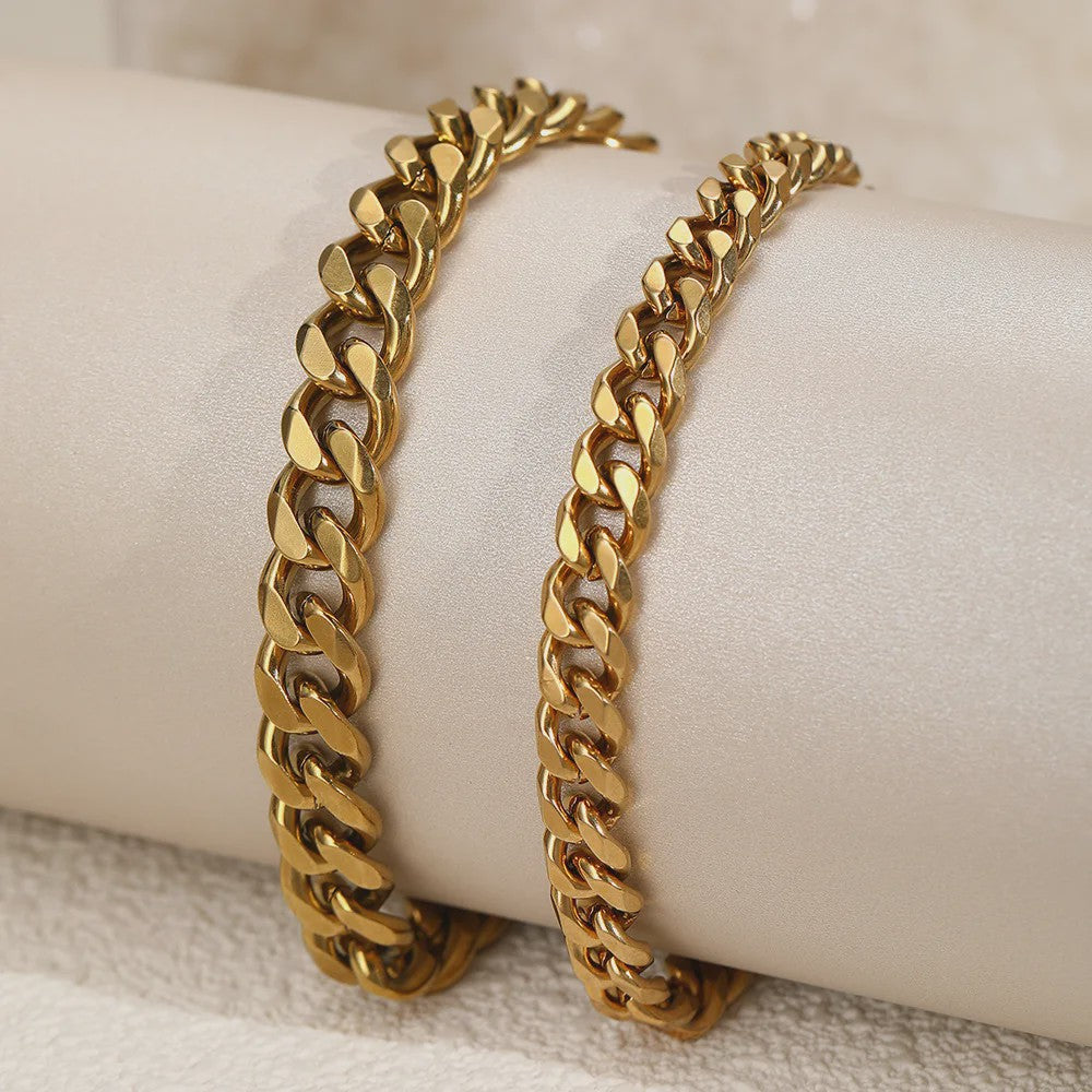 2-delige Gouden Roestvrijstalen Cuban Chain Enkelbandjes Set voor Dames en Heren