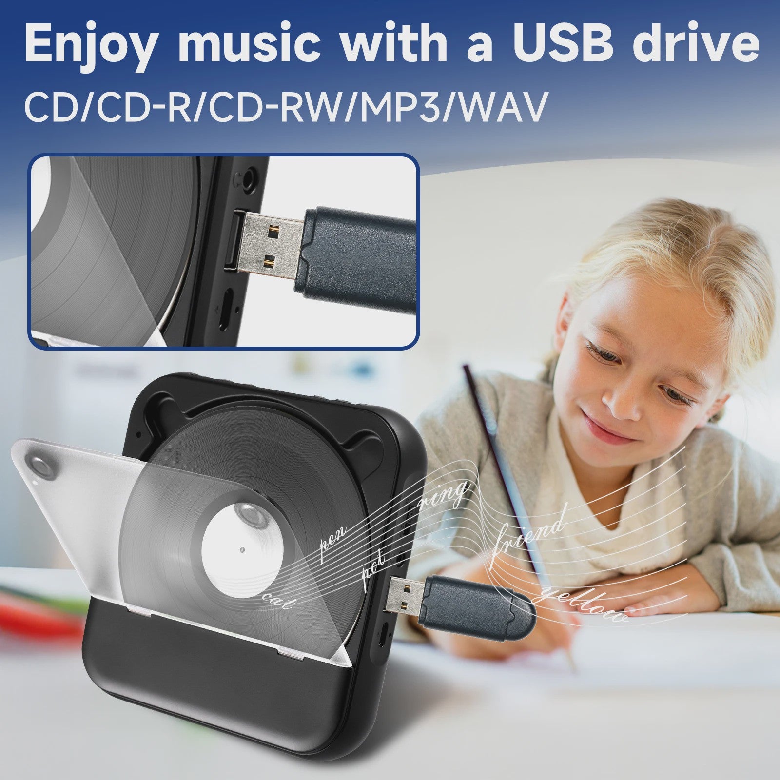 Draagbare CD Speler met Bluetooth 5.3, Oplaadbaar, Ingebouwde HiFi Speakers & USB