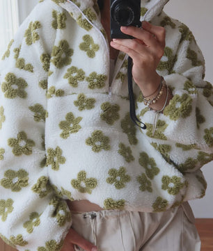 Dames Sherpa Pullover Hoodie met Bloemenprint en Halve Rits - Warm & Stijlvol