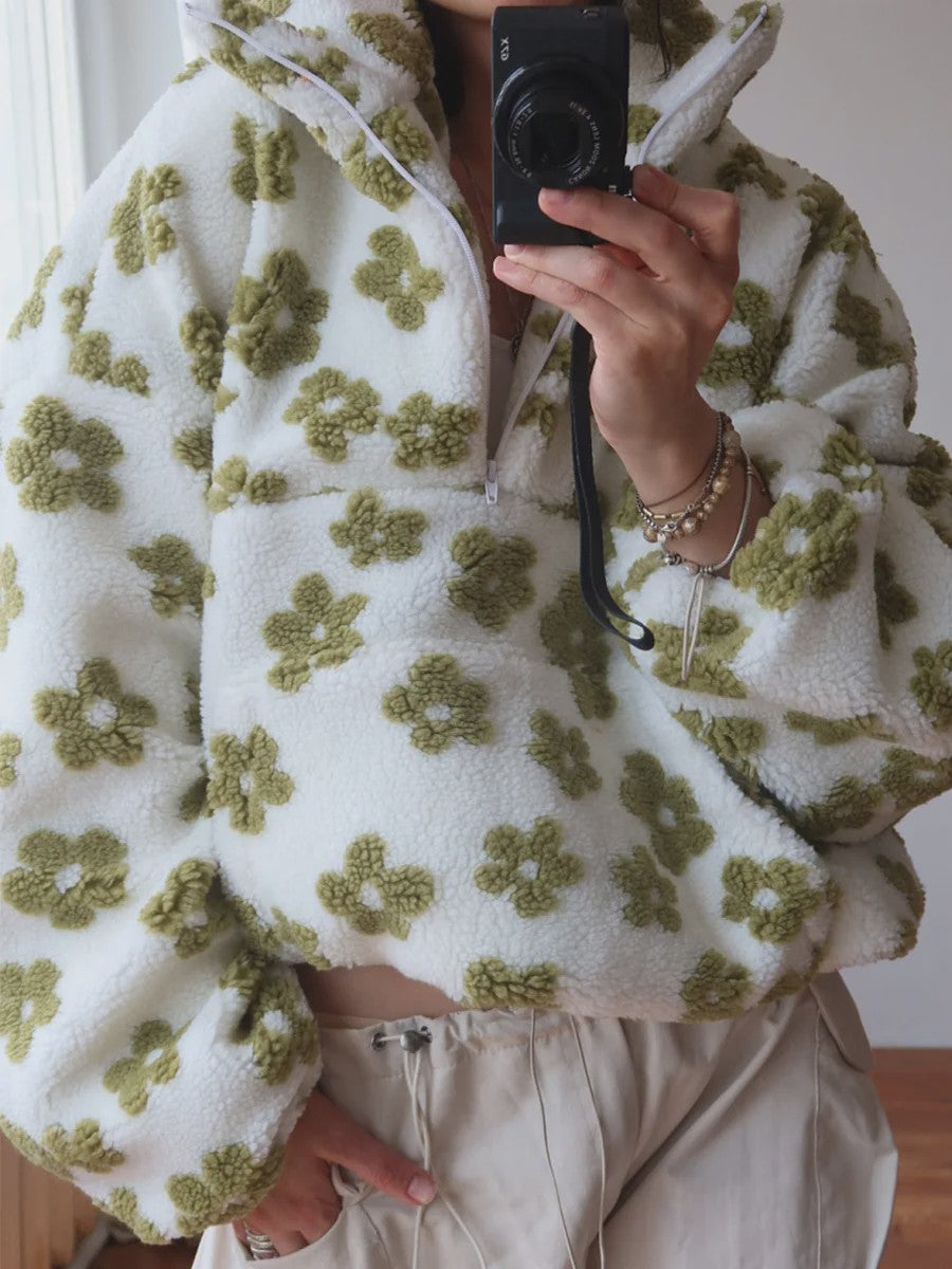 Dames Sherpa Pullover Hoodie met Bloemenprint en Halve Rits - Warm & Stijlvol
