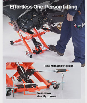 Hydraulische Motorlift Krik 1100/1500 lbs - Voetbediend & 6 Wielen - Voor Motoren & Crossmotoren