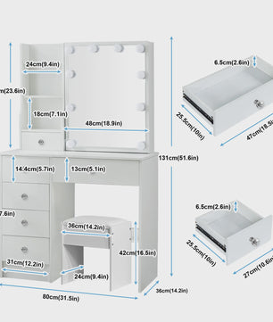 Witte Kaptafel met Schuifspiegel, Dimbare LED Verlichting, 6 Lades en Kruk