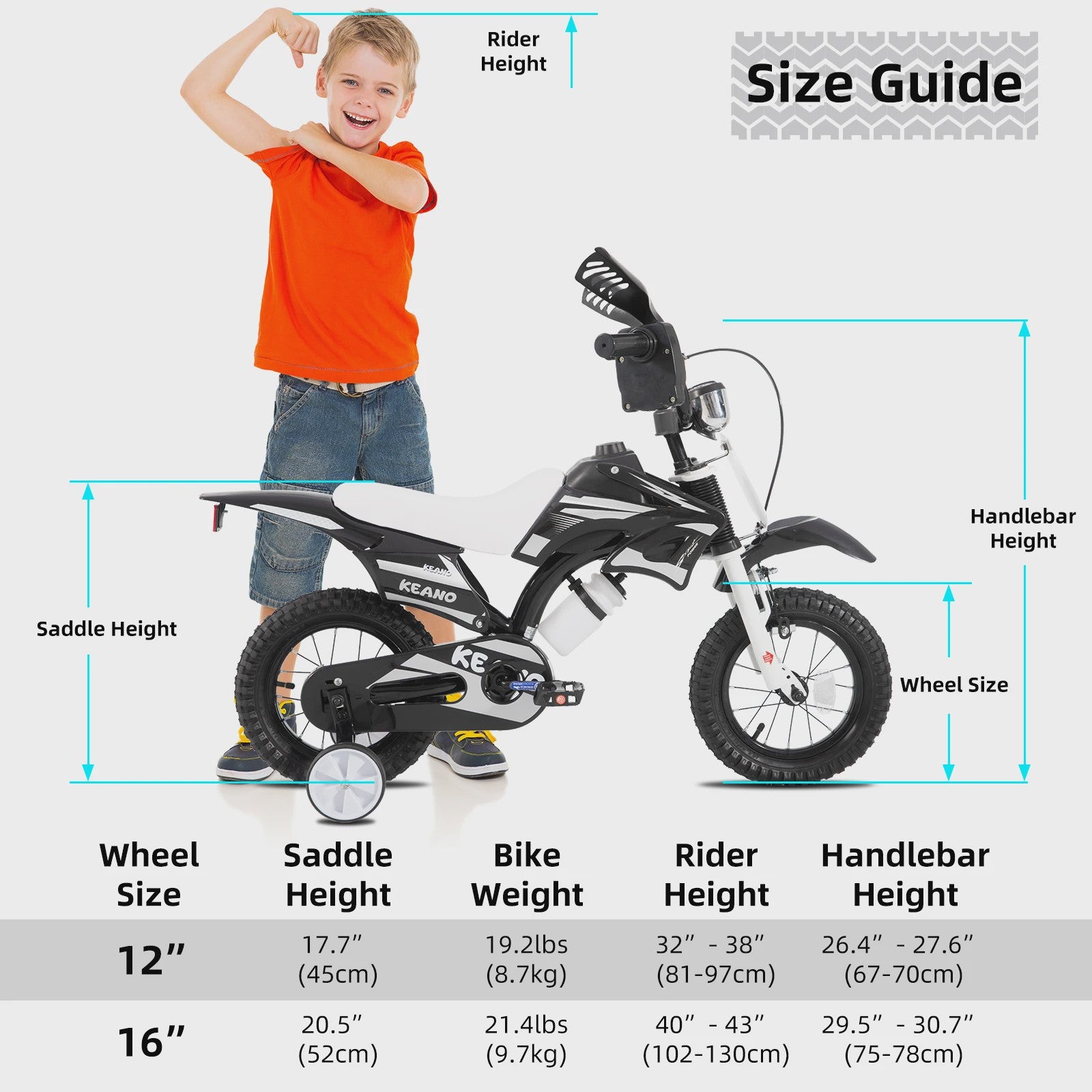 KEANO Kinderloopfiets Motocross Stijl - 12 & 16 Inch - Leeftijd 3-7 Jaar - Met Zijwielen & Nummerplaat