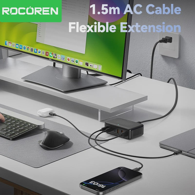 Rocoren 100W GaN Desktop Lader: 6-Poorts Snellader met USB-C voor Al Je Apparaten