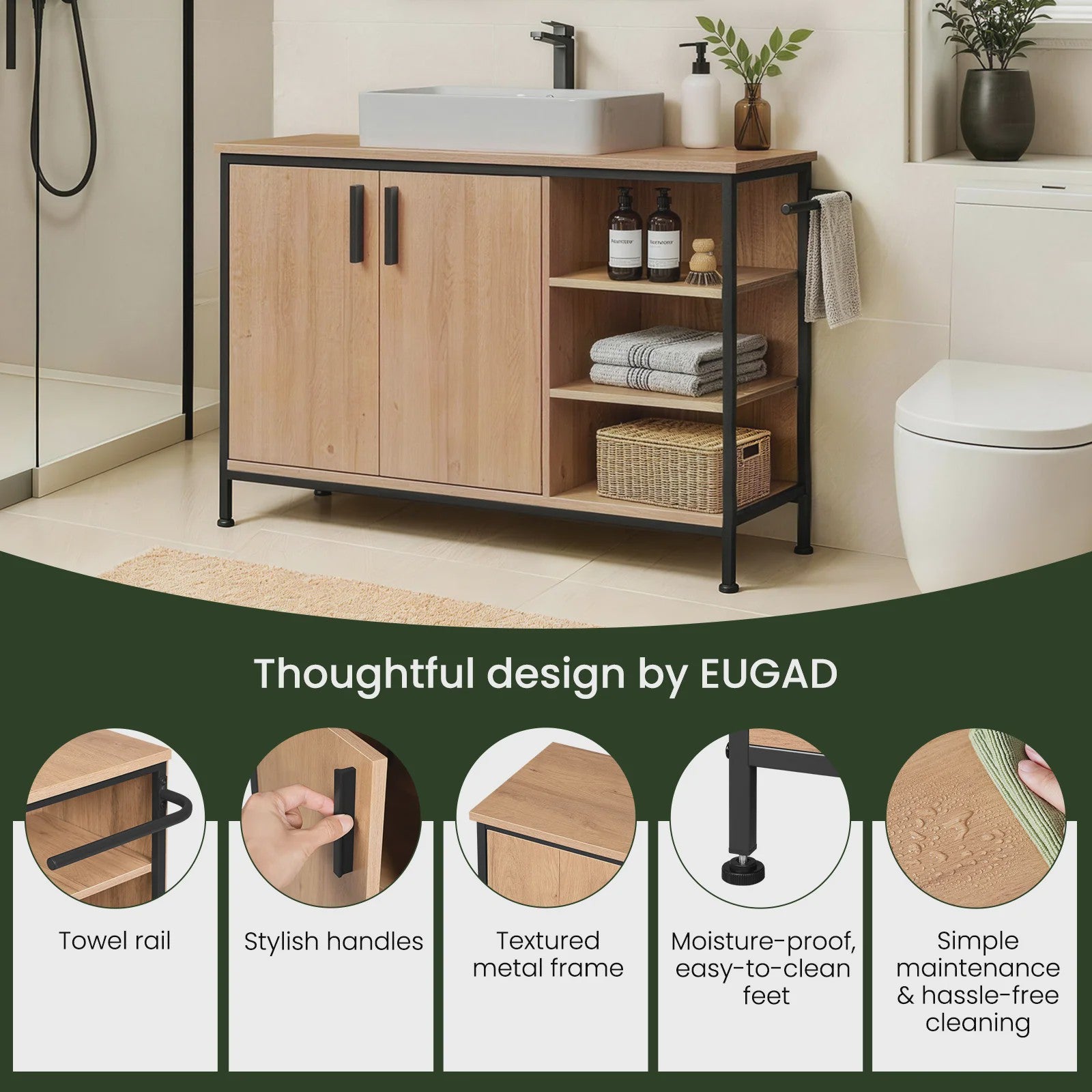 EUGAD Onderbouw Wastafelmeubel met Handdoekhouder - 90x30x60 cm - Houtkleur