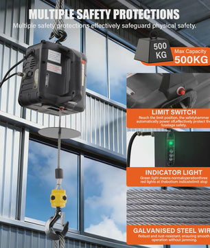 Elektrische Takel 500 kg - 7m Hefhoogte, 4m/min Snelheid, Kabel & Handmatige Bediening