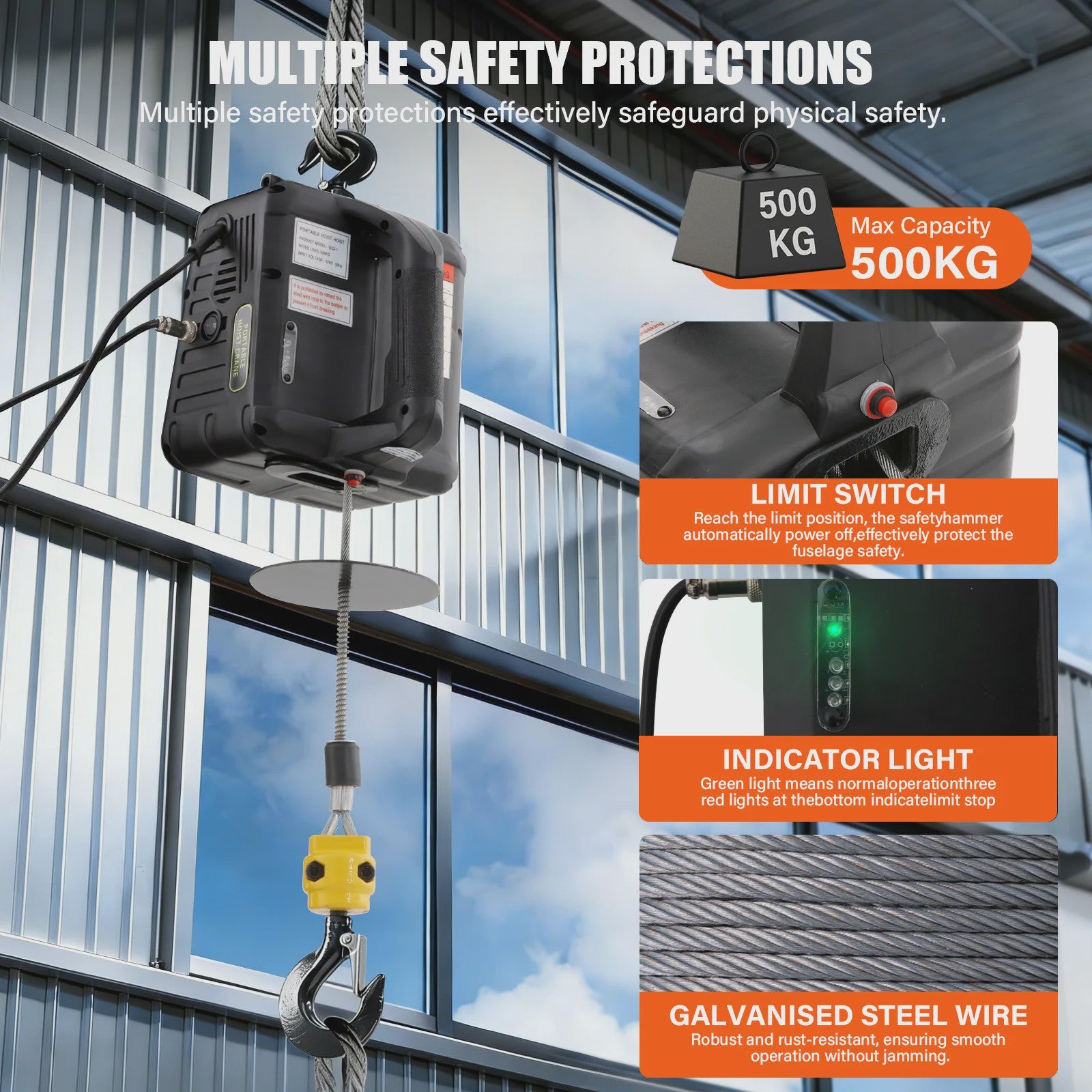 Elektrische Takel 500 kg - 7m Hefhoogte, 4m/min Snelheid, Kabel & Handmatige Bediening