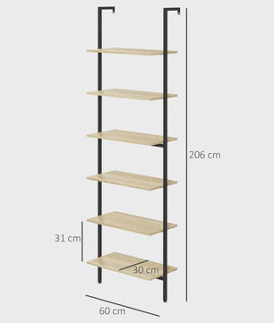 Industrieel Wandrek met 6 Planken - Zwart Staal & Naturel Hout - 60x30x206 cm
