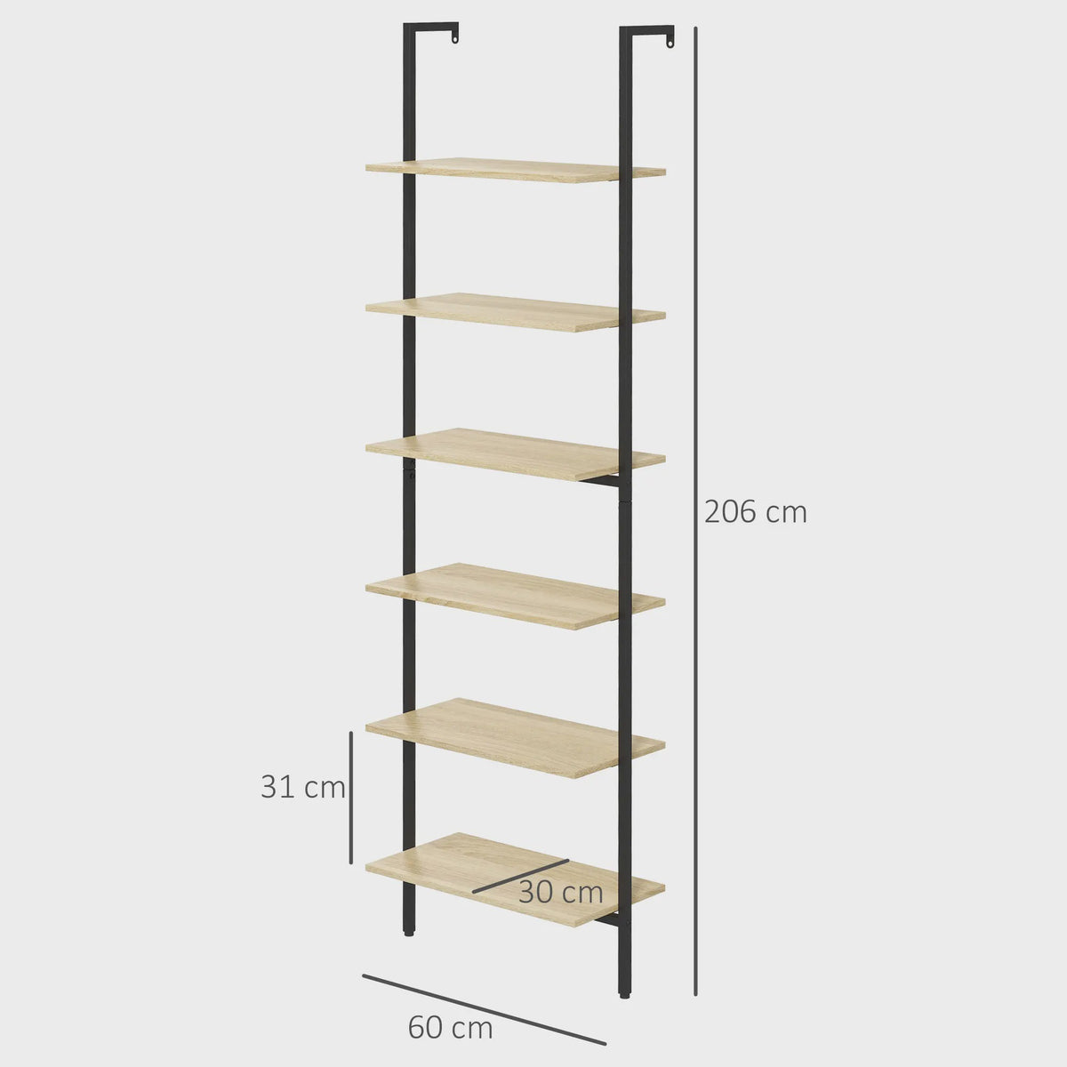 Industrieel Wandrek met 6 Planken - Zwart Staal & Naturel Hout - 60x30x206 cm