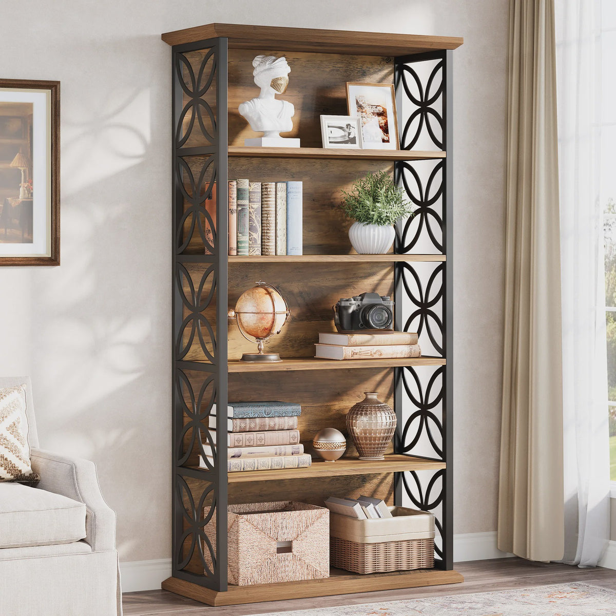 Industriële Boekenkast 6-Laags - 180 cm Hoge Open Opbergkast met Metaal Frame