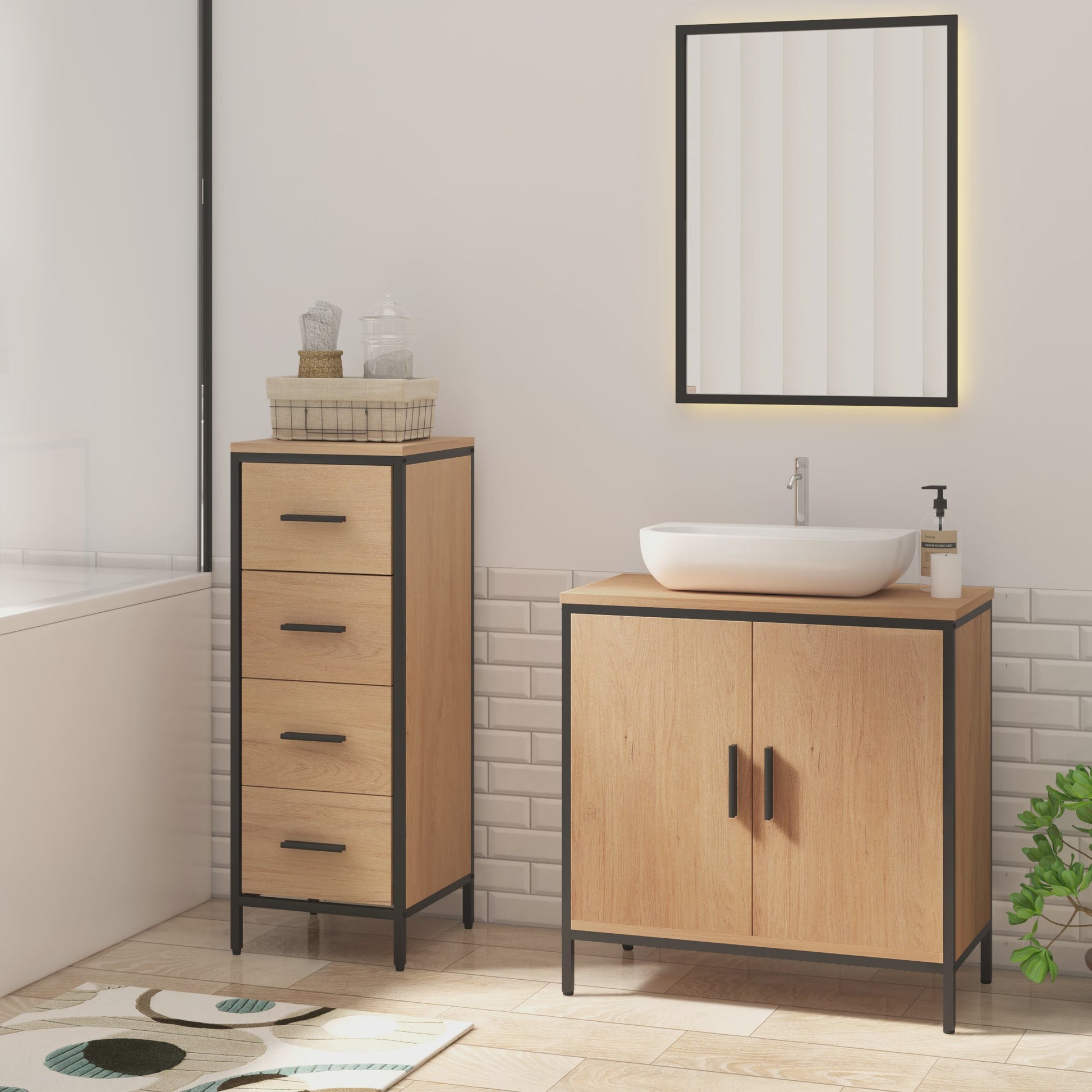 Badkamermeubel Onderbouw Wastafelkast 60x60x30cm - Houtkleurig met Metalen Frame