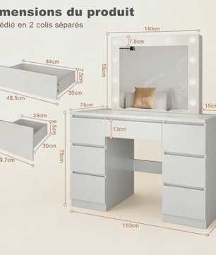 Witte Kaptafel met LED Spiegel, 8 Lades & Ingebouwd Stopcontact