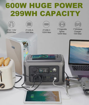 ALLPOWERS R600 Powerstation: 299Wh LiFePO4, 600W AC (1200W surge) - Draagbaar voor Camping & Thuis