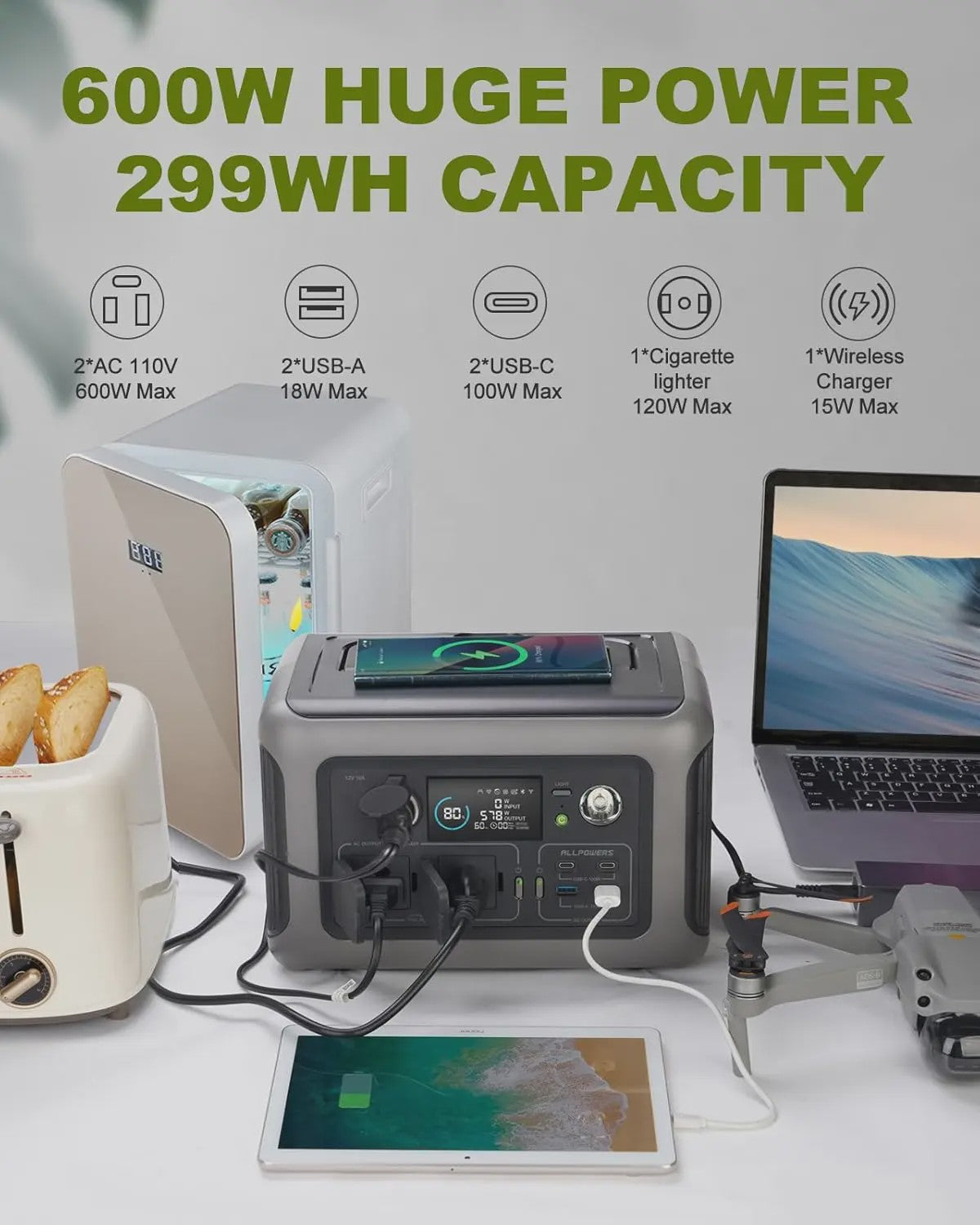 ALLPOWERS R600 Powerstation: 299Wh LiFePO4, 600W AC (1200W surge) - Draagbaar voor Camping & Thuis