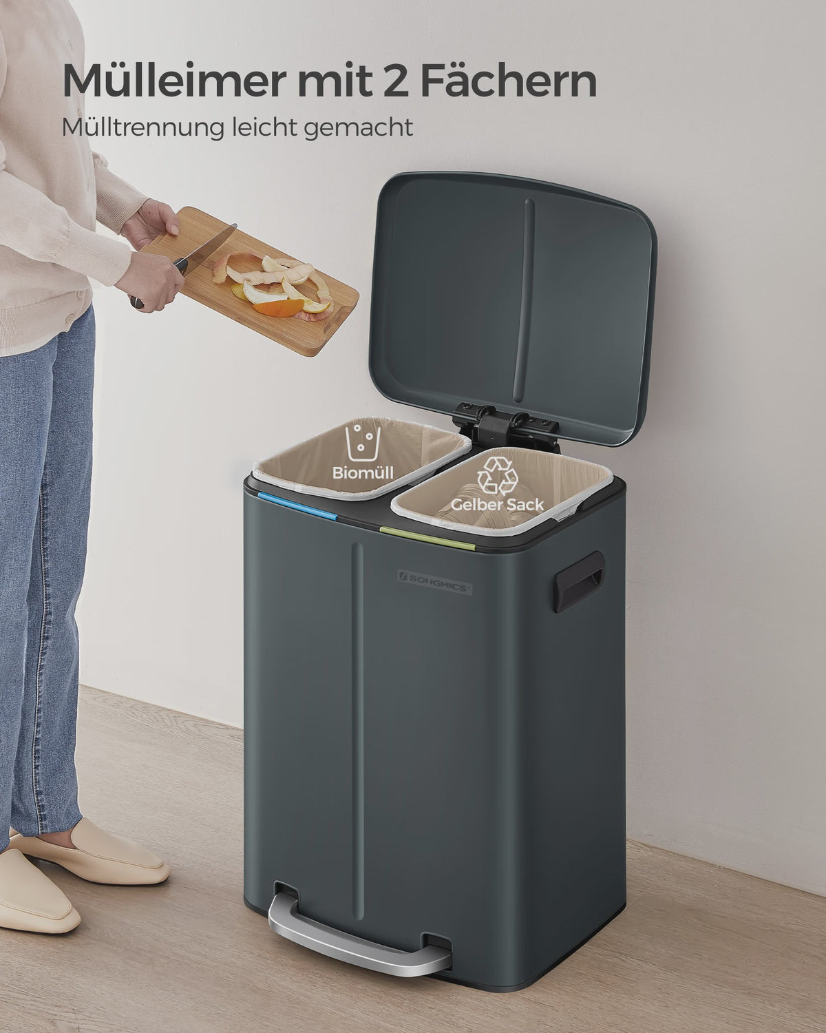 SONGMICS Pedaalemmer 2x20L - Metalen Dubbele Afvalbak met Zachte Sluiting