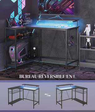 HOMCOM Hoekbureau met LED, 2 stopcontacten, 2 USB-poorten & Verstelbare Mand - 107x80cm Zwart