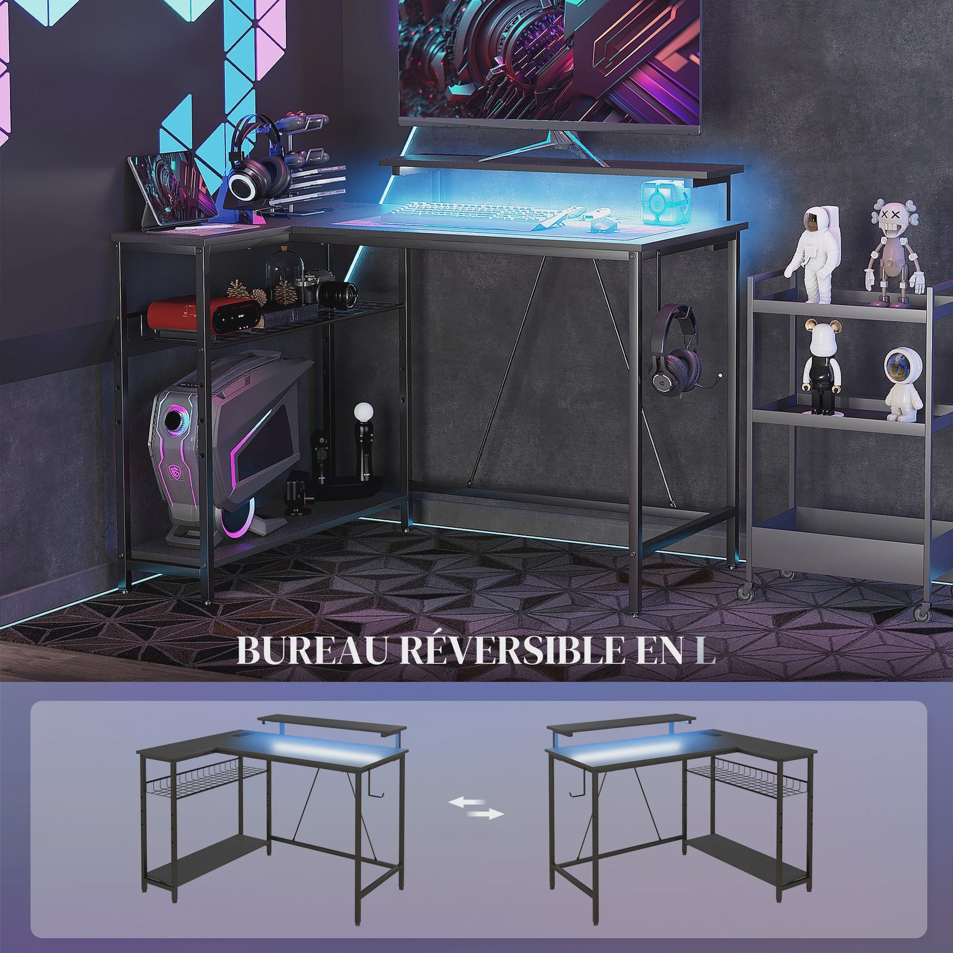 HOMCOM Hoekbureau met LED, 2 stopcontacten, 2 USB-poorten & Verstelbare Mand - 107x80cm Zwart