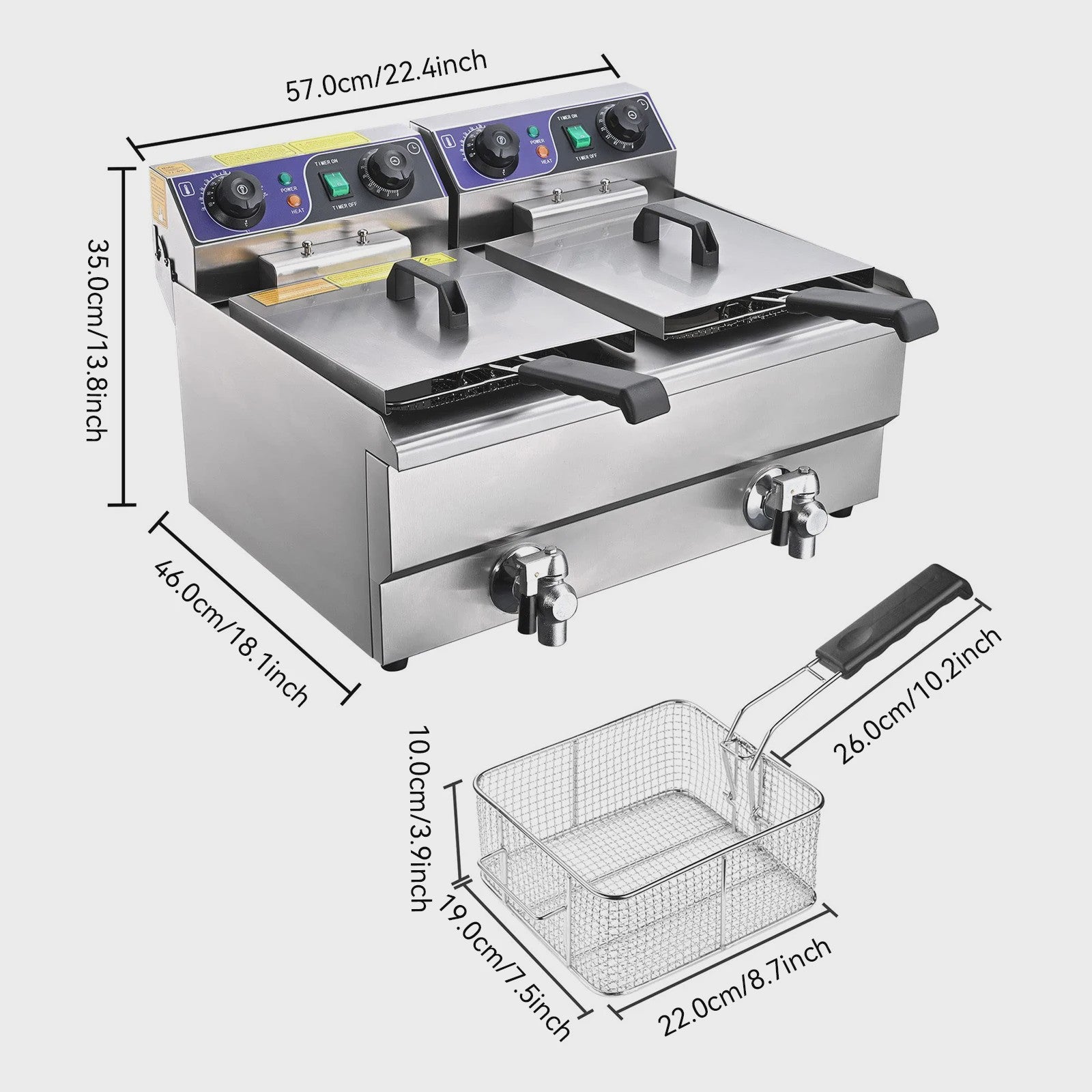 Dubbele Frituurpan 2x3000W RVS met Timer & Aftapkranen - 20L