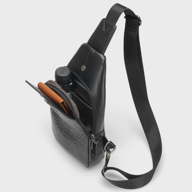 Luxe Leren Heren Borsttas met Kroko Print en USB Oplaadpoort