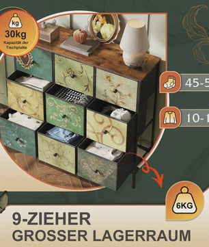 Retro Ladekast met 9 Stoffen Lades - 100x30x86.5cm - Houten Bovenblad & Metaal Frame