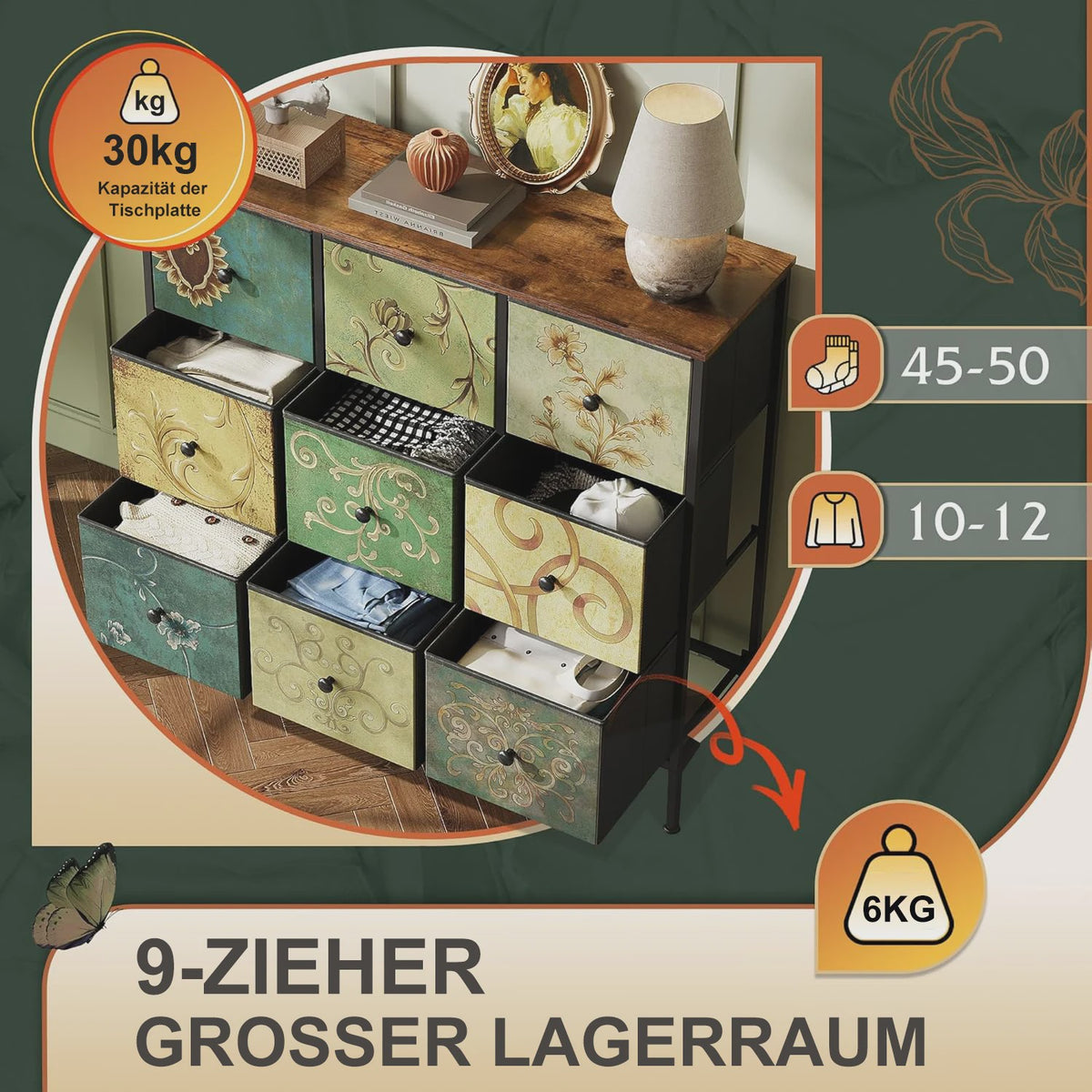 Retro Ladekast met 9 Stoffen Lades - 100x30x86.5cm - Houten Bovenblad & Metaal Frame