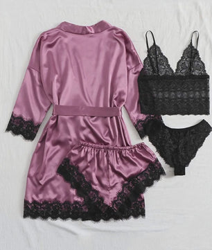 Luxe 4-delige Satin Pyjamaset met Kant - Comfortabel & Sexy