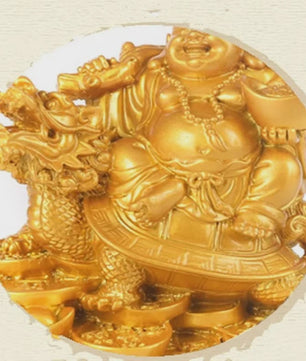 Gouden Lachende Boeddha Beeld met Draak en Schildpad - Feng Shui Decoratie