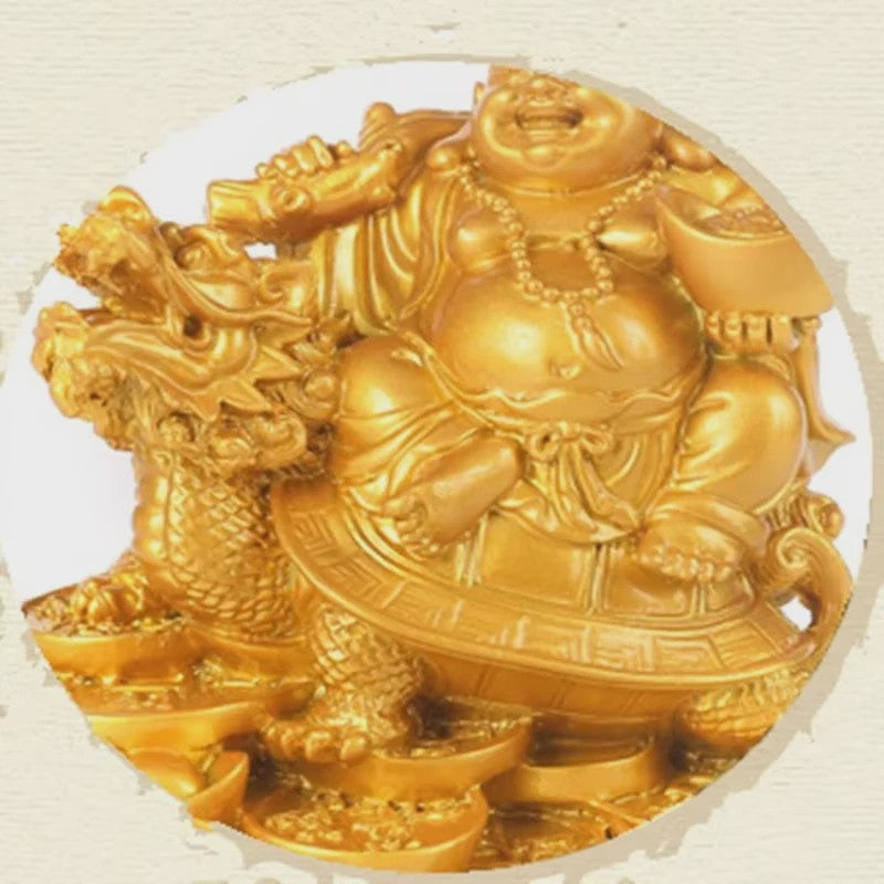 Gouden Lachende Boeddha Beeld met Draak en Schildpad - Feng Shui Decoratie