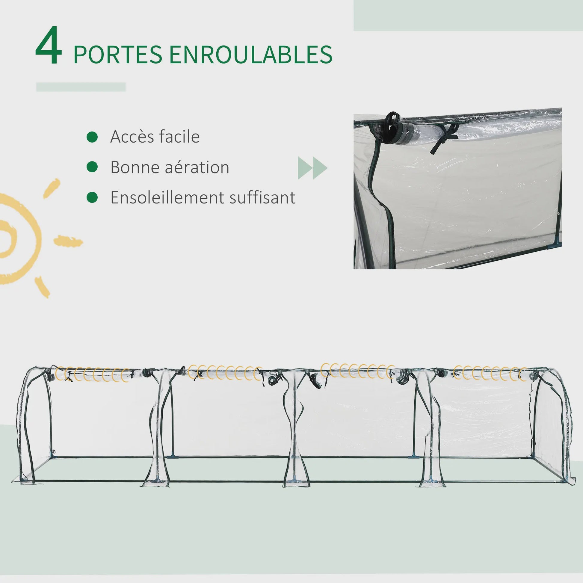 Outsunny Mini Tunnel Kas met Staalframe, UV-bescherming en 4 Roldeuren - 3.95m Lengte