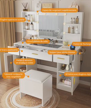 Luxe Kaptafel met Spiegel, Verlichting, Stopcontact & Kruk - Wit