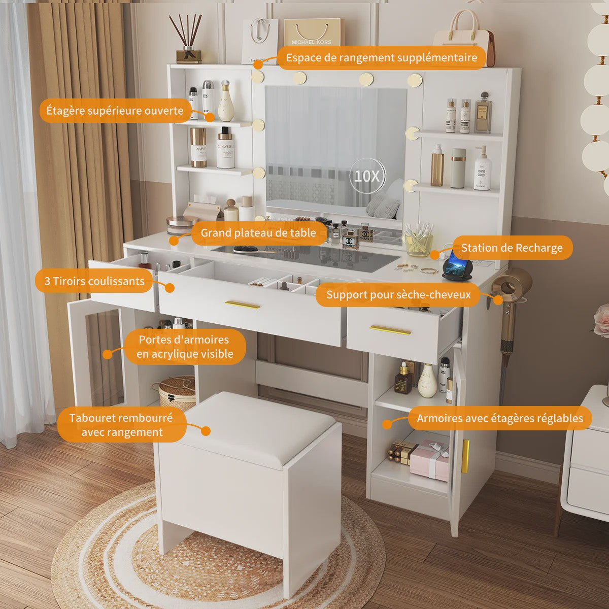 Luxe Kaptafel met Spiegel, Verlichting, Stopcontact & Kruk - Wit