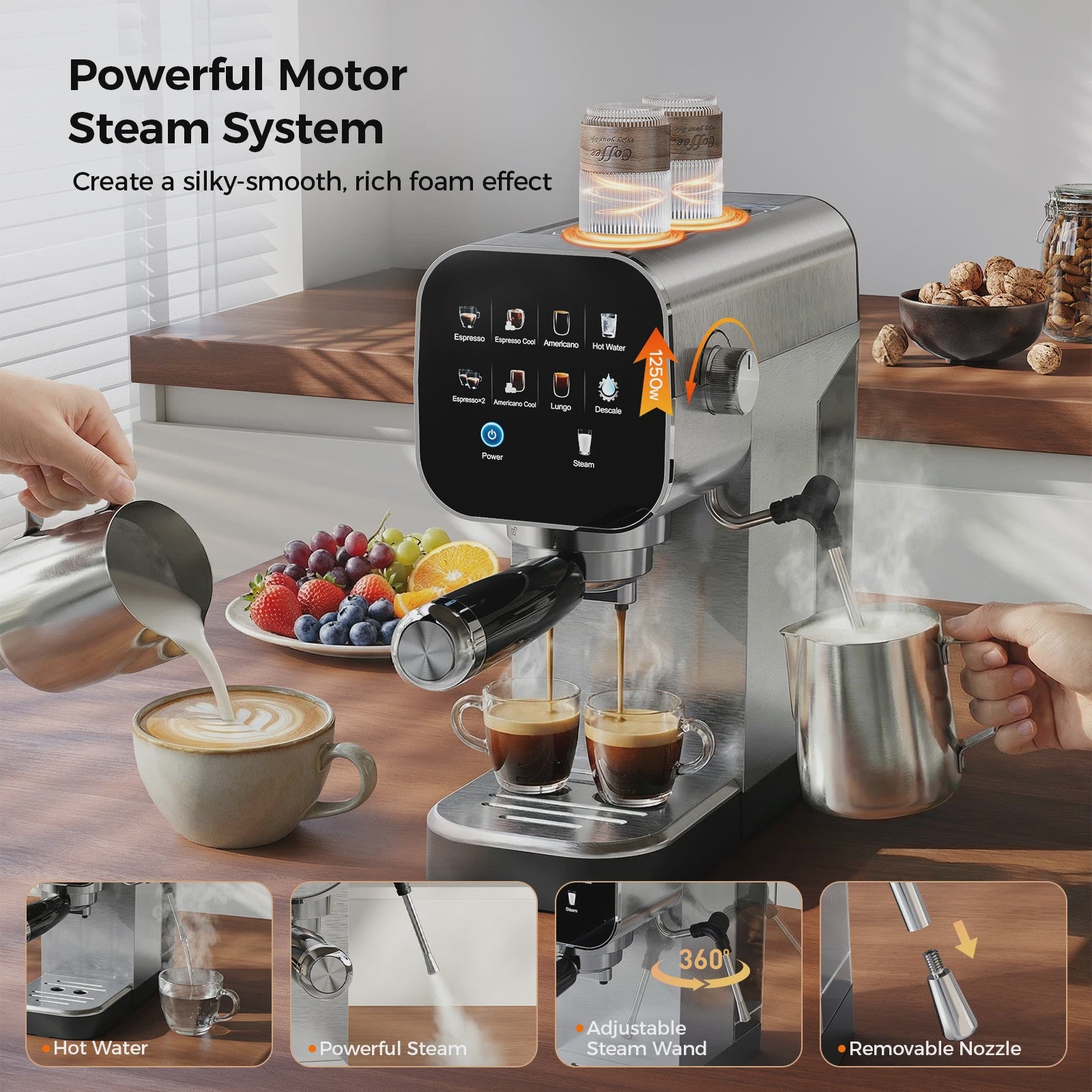Patbrela Semi-Automatische Espressomachine 20Bar met Dubbel Watersysteem & 4-in-1 Portafilter