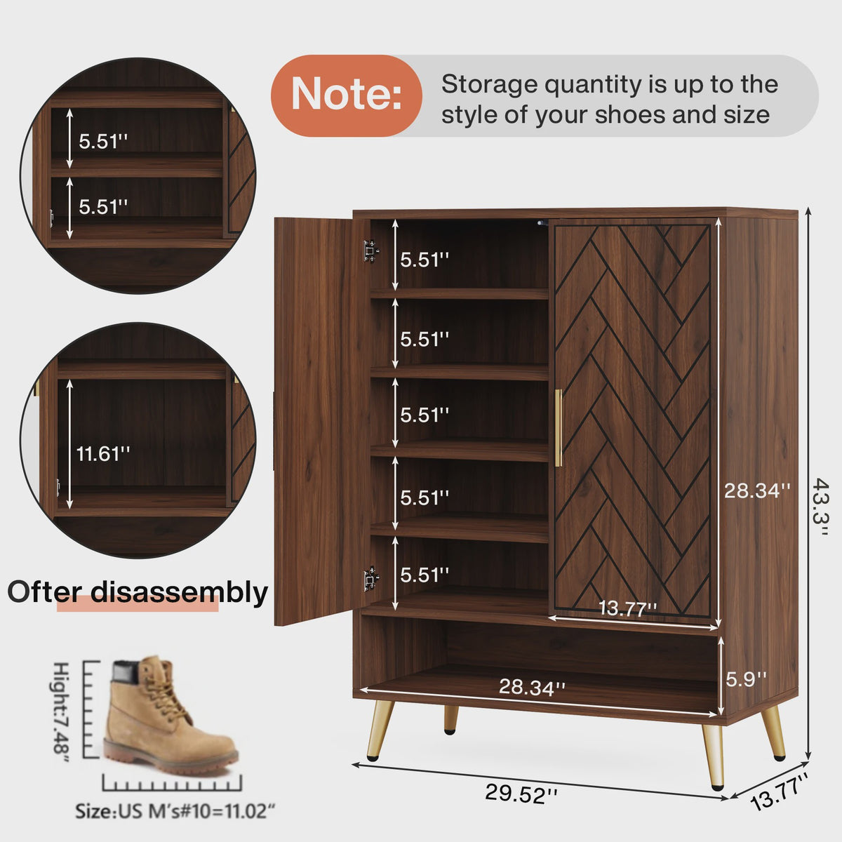 Stijlvolle 6-Laags Houten Schoenenkast met Deuren - Walnoot Design