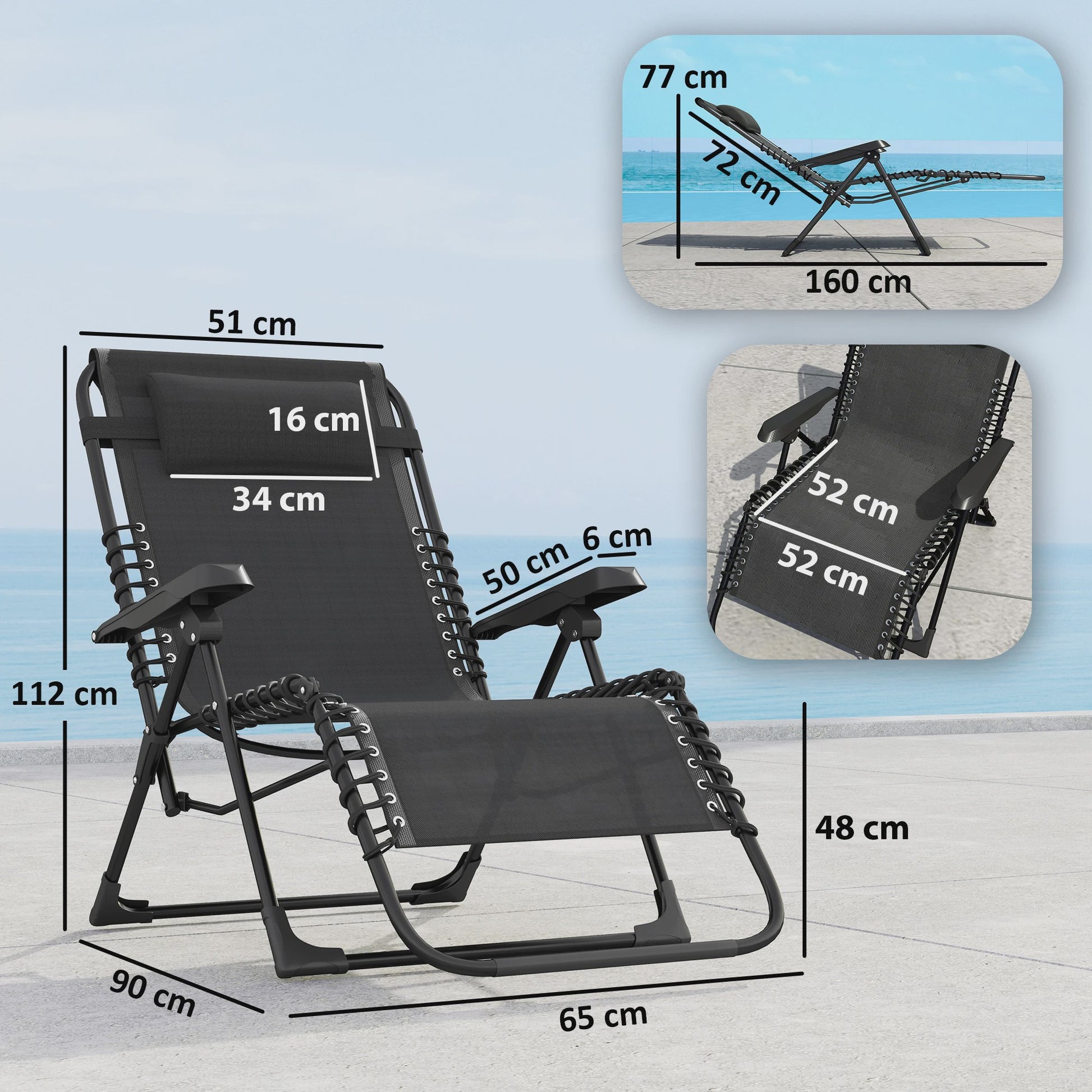 Outsunny Loungeset: 2x Kantelbare en Inklapbare Ligstoelen met Textilene, Zwart