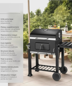 Zwarte Trolley Barbecue met Wielen, Deksel en Thermometer - 115x68x107 cm