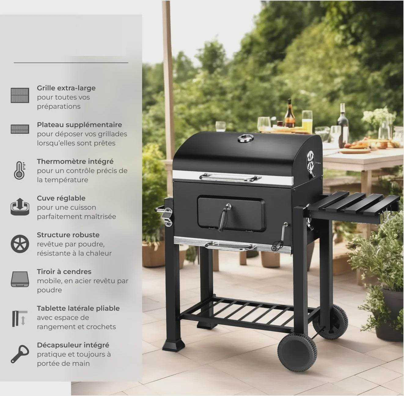 Zwarte Trolley Barbecue met Wielen, Deksel en Thermometer - 115x68x107 cm