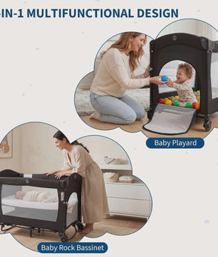 4-in-1 Babybed, Reiswieg, Speelbox & Campingbed met Aankleedkussen