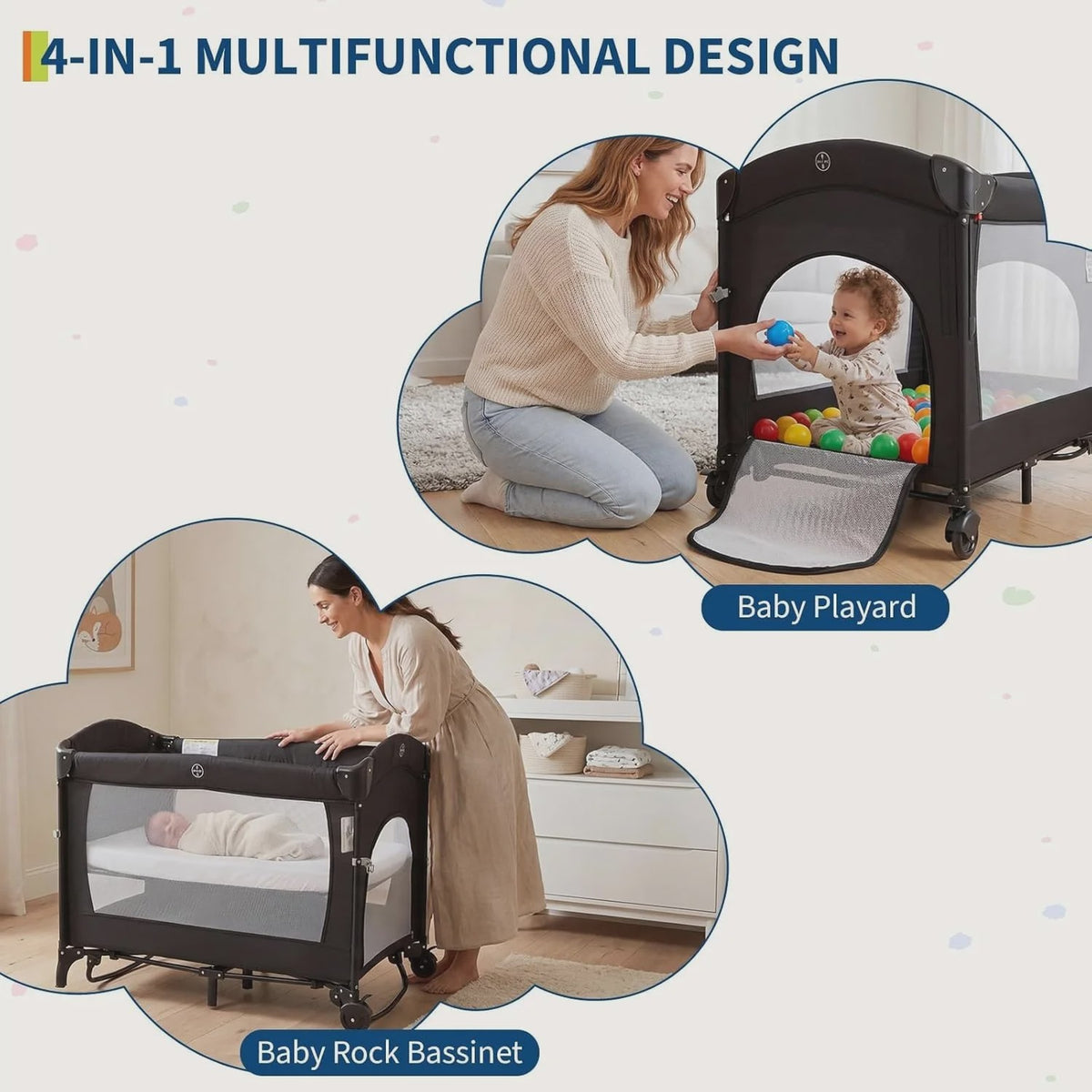 4-in-1 Babybed, Reiswieg, Speelbox & Campingbed met Aankleedkussen
