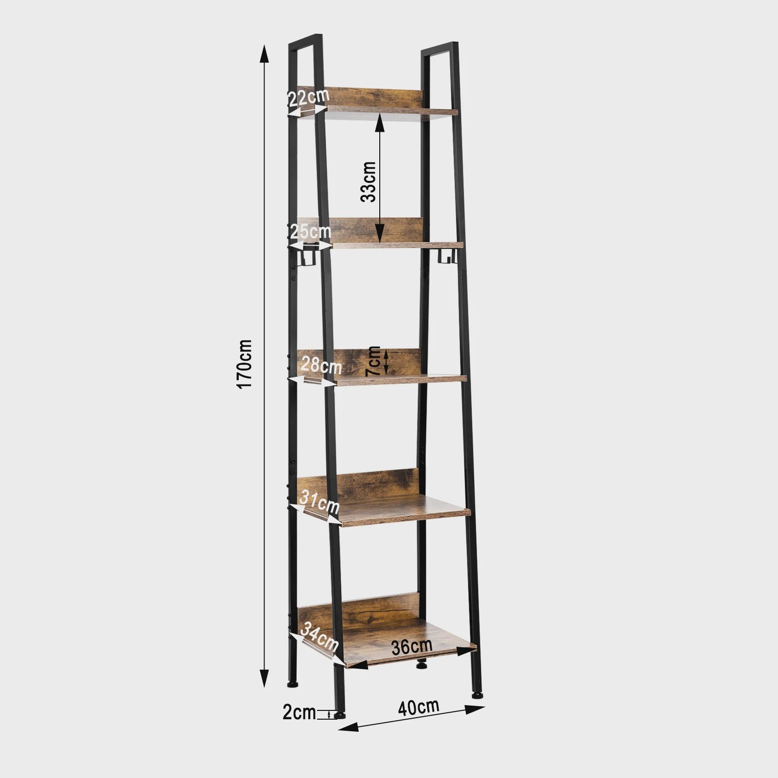 Stijlvolle Boekenkast met 5 Niveaus en Haken - 40x170x36cm