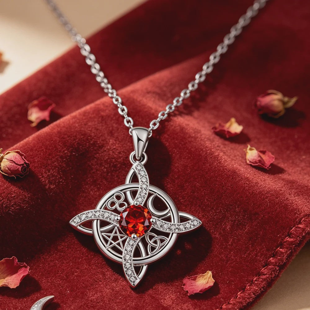 Mystieke Wicca Knoop Ketting met Kristal en Geboortesteen - Ster Maan Amulet