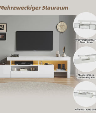 Moderne TV-meubel 192cm met LED-verlichting en 3 kasten - Hoogglans wit