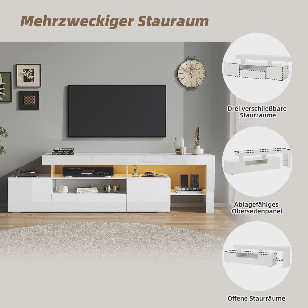 Moderne TV-meubel 192cm met LED-verlichting en 3 kasten - Hoogglans wit