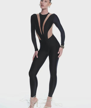 Dames Jumpsuit Zwart Mesh Patchwork Lange Mouwen Sexy Skinny