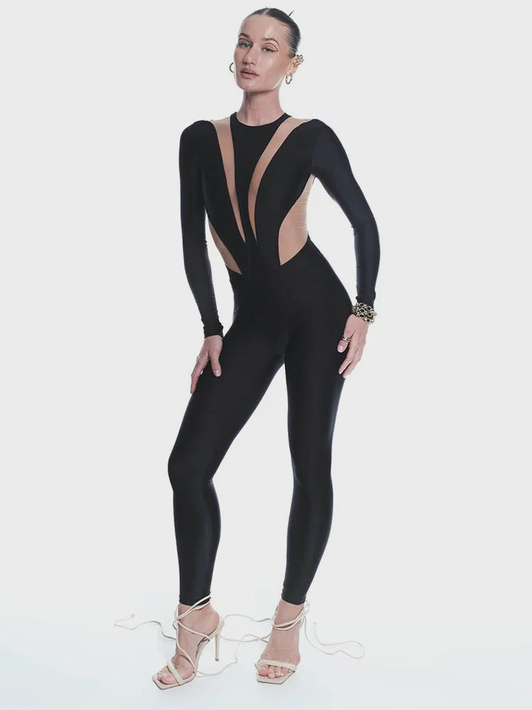 Dames Jumpsuit Zwart Mesh Patchwork Lange Mouwen Sexy Skinny