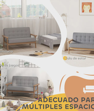 Grijze Kinderbank - Zachte Pluche 2-zits Sofa met Houten Frame